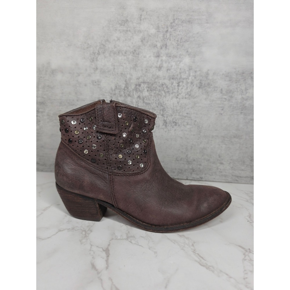Bendito Pie Brown Leather Studded Perforated Western Ankle Boots Size 6